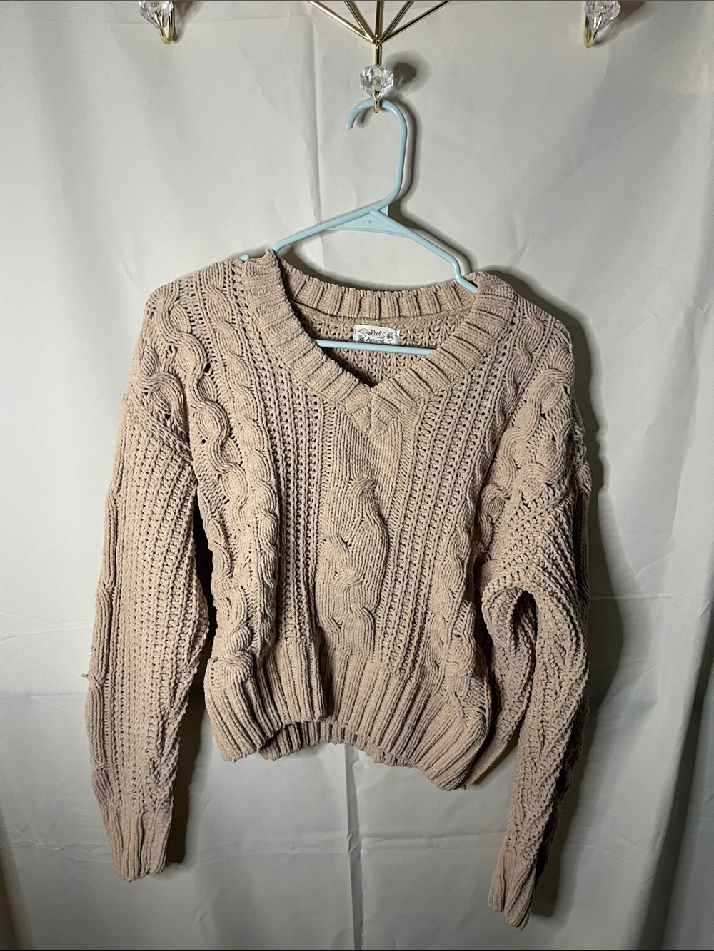 Poof! Women's Cable Knit V-Neck Sweater in Light Taupe